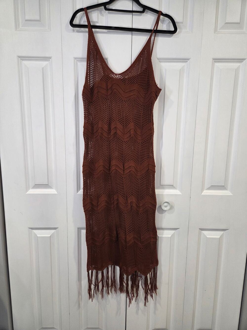 Women's Crochet Maxi Beach Cover-Up Dress Spaghetti Strap Fringe Hem XL
